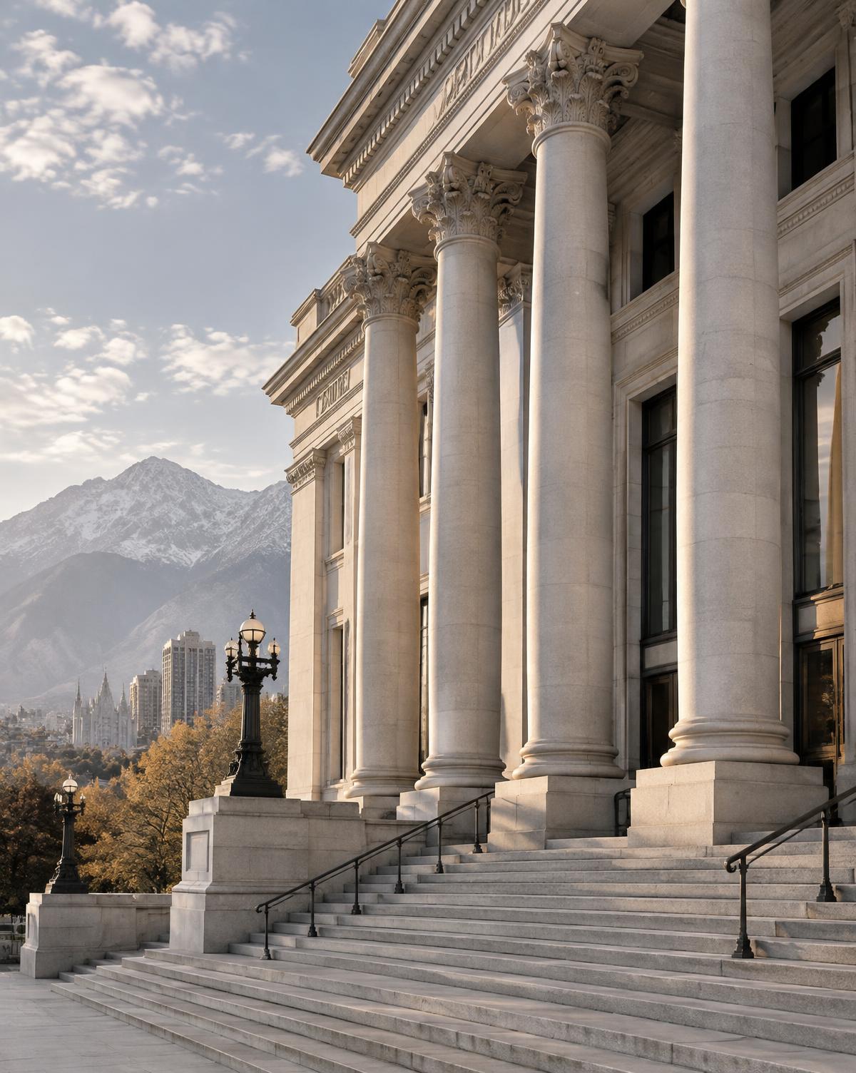 Courthouse with mountain backdrop
